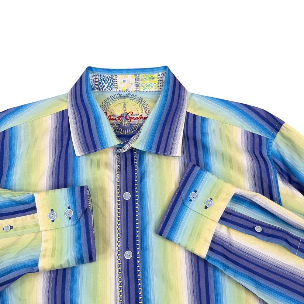 Robert Graham Snowbound Button Down Shirt Mens XL Blue Green Striped Classic Fit